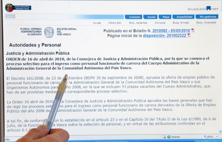 Oferta de empleo público en el Boletín Oficial del País Vasco publicada en mayo de 2010.