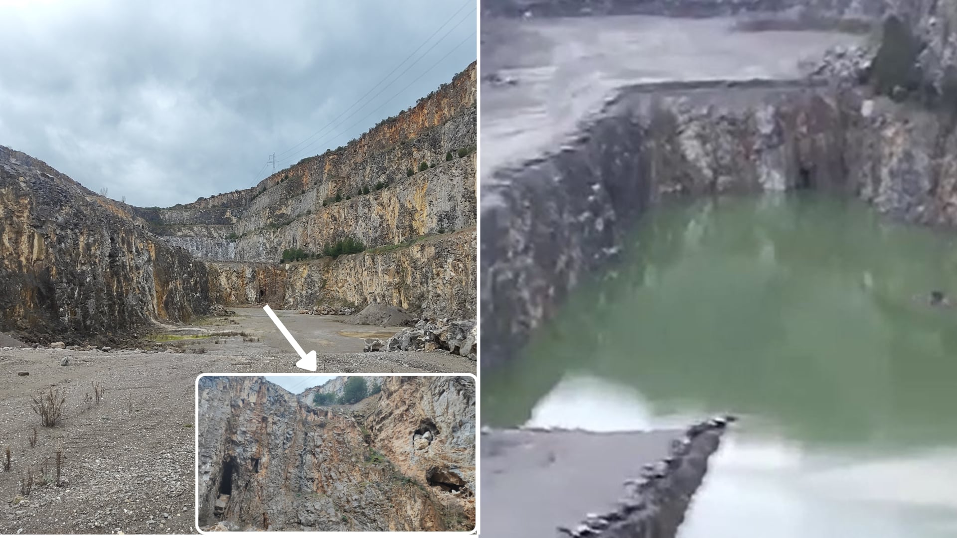 Cantera de Nanclares, a la izquierda los agujeros de la cueva, a la derecha la base de la cantera inundada