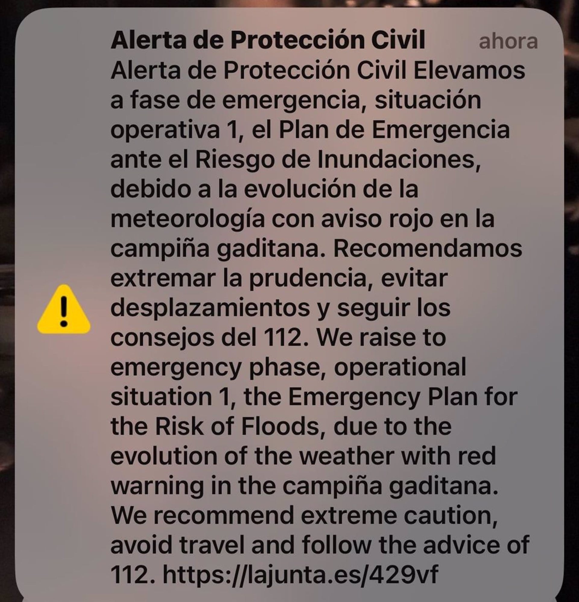 Mensaje que se ha recibido en los móviles en Jerez