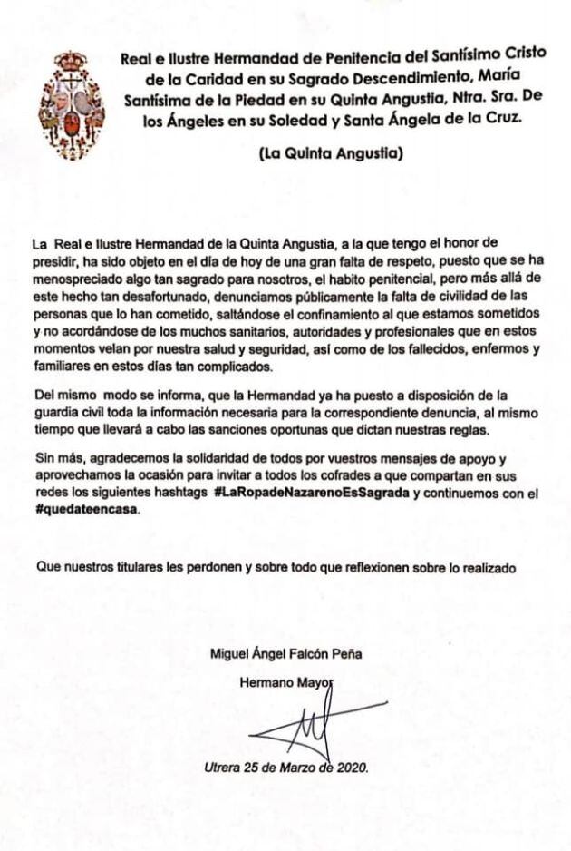 Comunicado de la Hermandad de la Quinta Angustia de Utrera