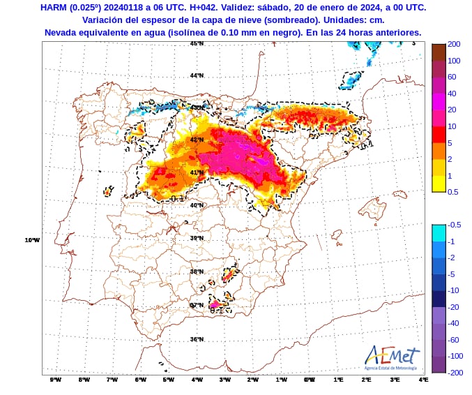 Mapa de espesores de nieve previstos para el sábado 20 de enero.