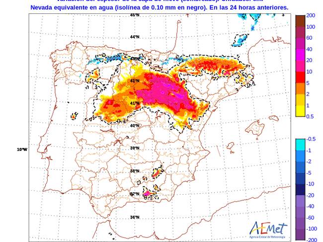 Mapa de espesores de nieve previstos para el sábado 20 de enero.