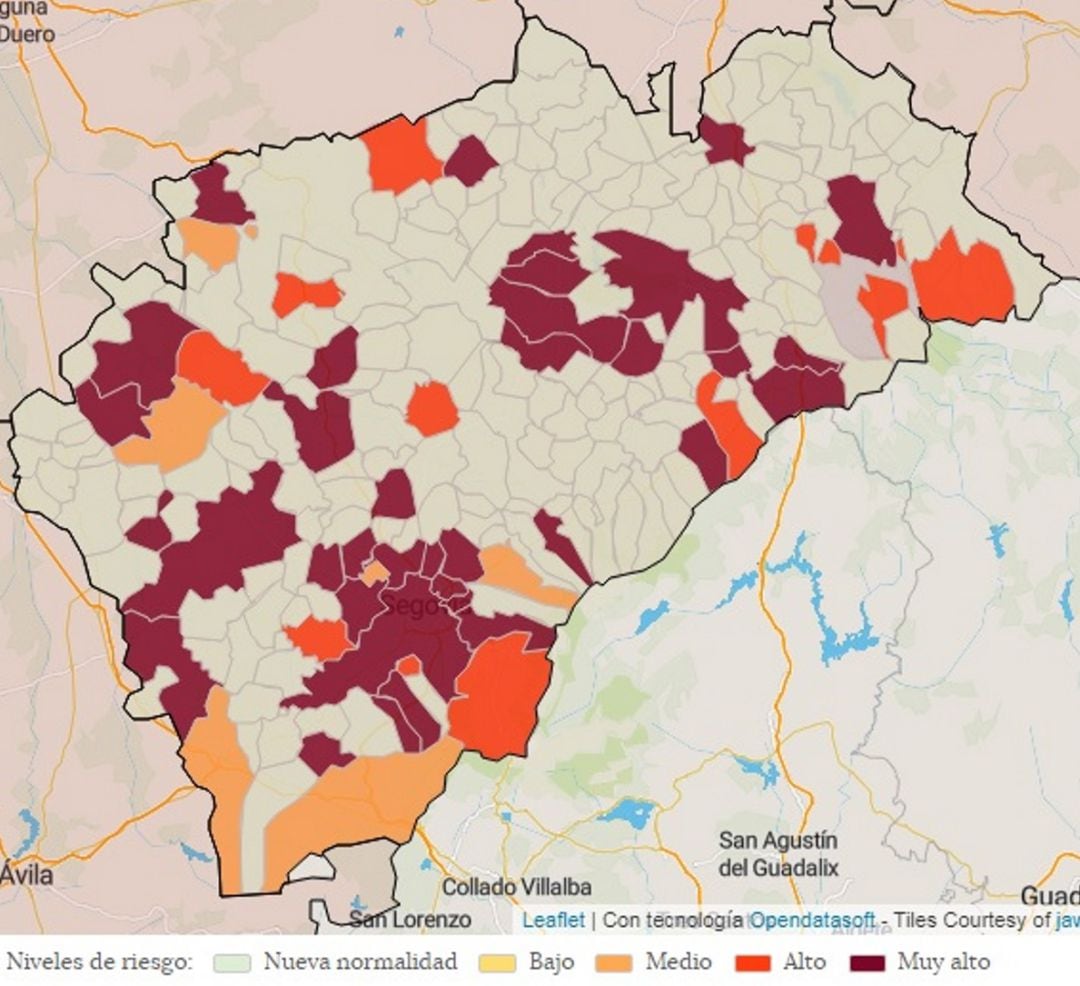 Mapa de incidencia acumulada a 14 días en la provincia de Segovia