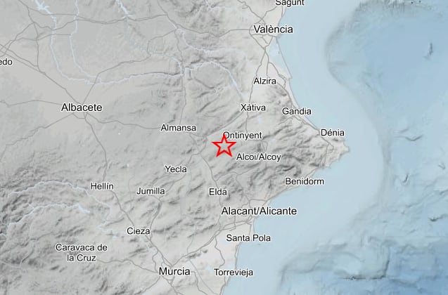 Mapa del Instituto Geográfico Nacional (IGN) mostrando la ubicación del sismo registrado en Fontanars dels Alforins