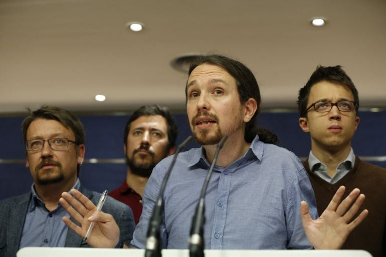 El líder de Podemos, Pablo Iglesias, durante la rueda de prensa del pasado viernes en el Congreso