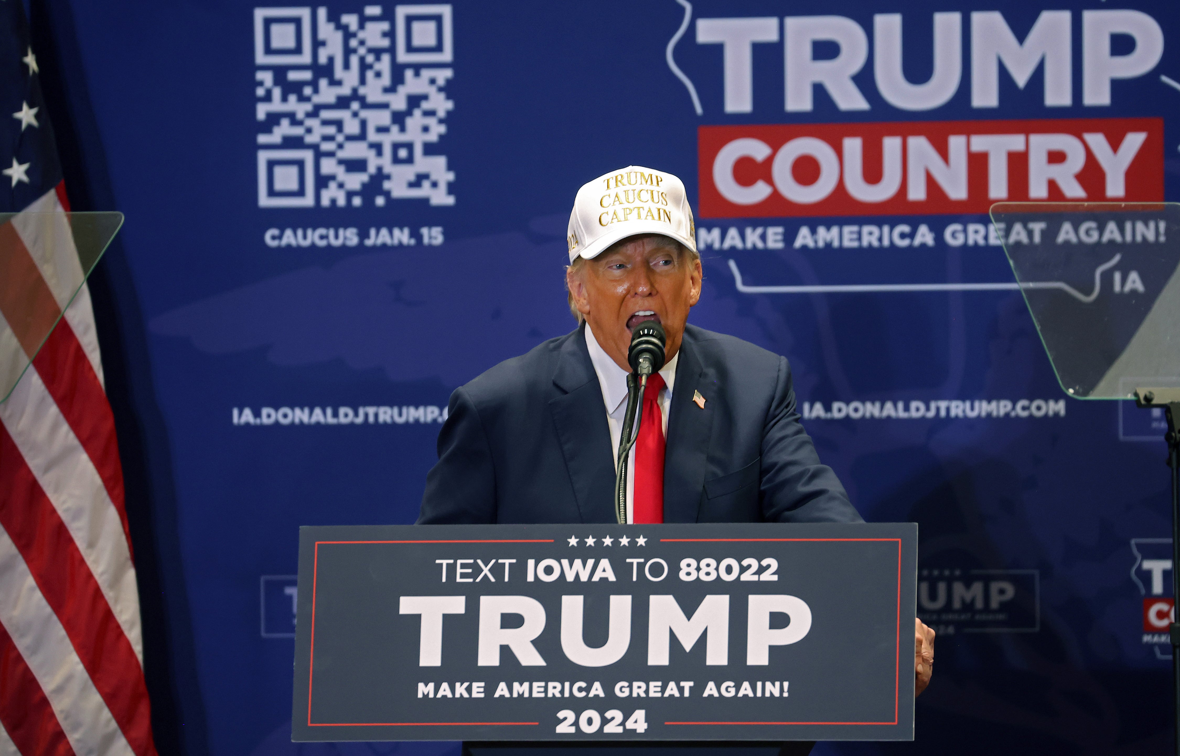 Former President Donald Trump speaks to supporters during a rally at Simpson College on January 14, 2024 in Indianola, Iowa. Tomorrow Iowa Republicans will be the first to select their party&#039;s nomination for the 2024 presidential race when they go to caucus.