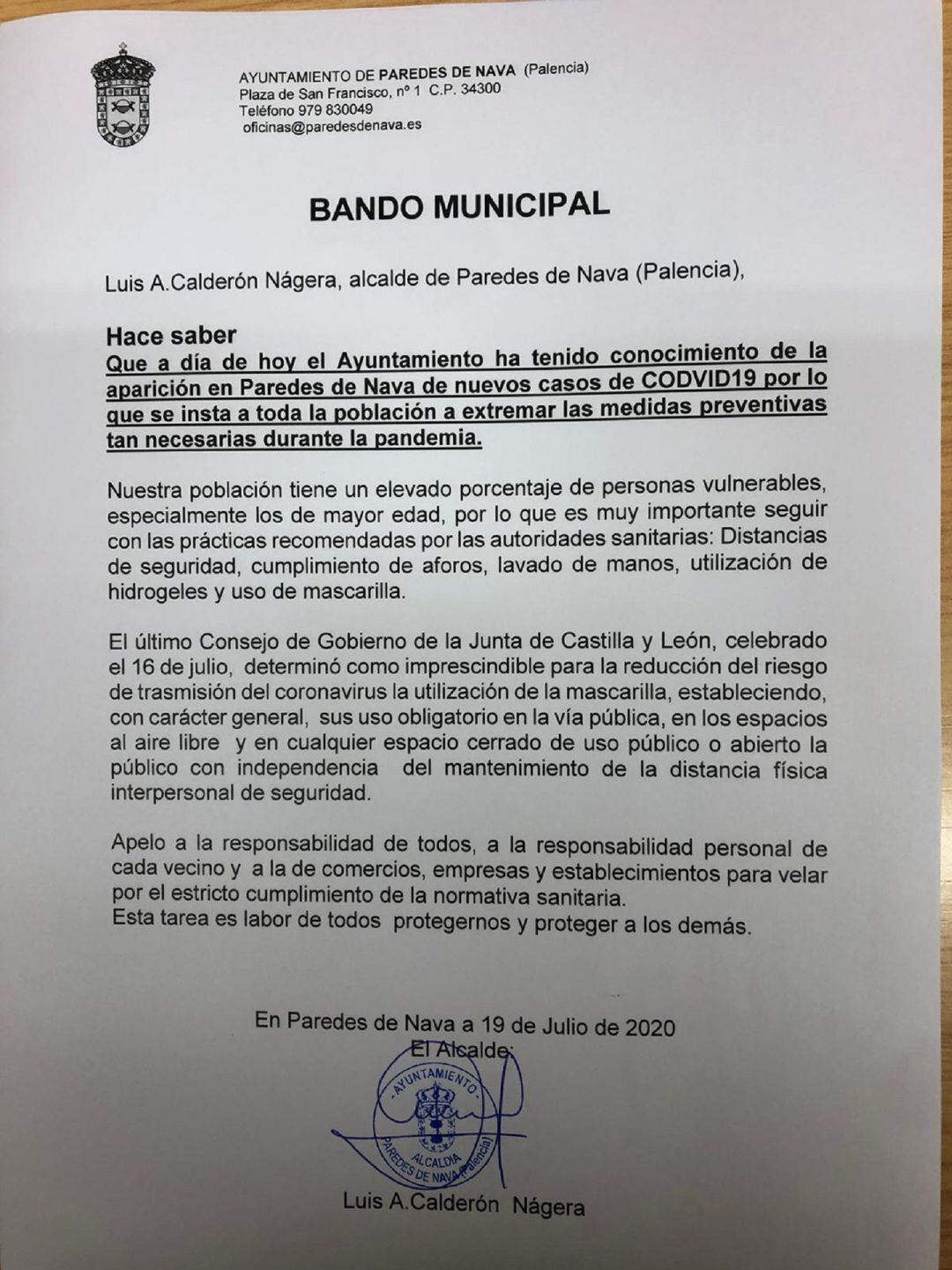 Bando del alcalde de Paredes de Nava