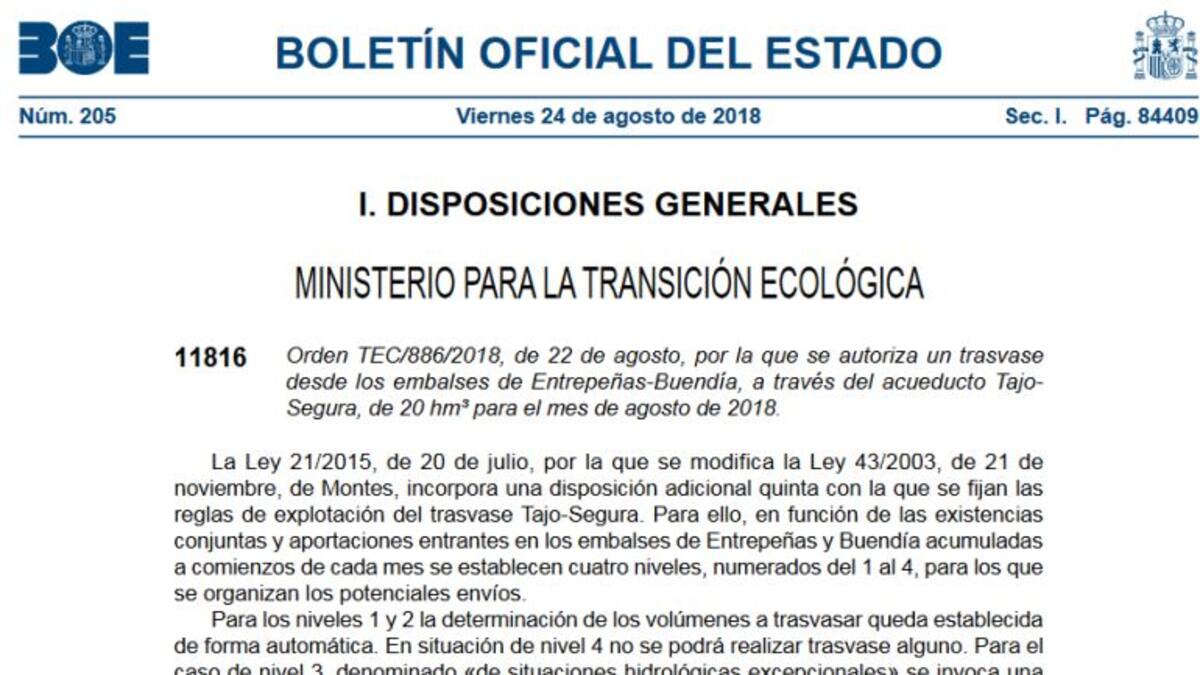 La Ministra ordena publicar el trasvase