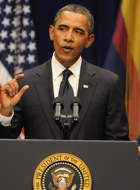 Barack Obama durante un homenaje a los seis muertos y 14 heridos que dejó el tiroteo en Arizona el pasado mes de enero