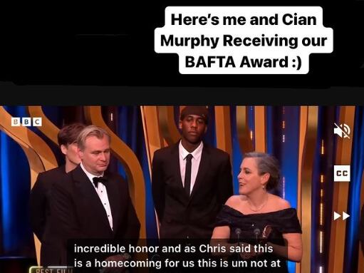 Historia de Instagram de Lizwani en la que se identifica en el escenario de los BAFTA junto a los protagonistas de &#039;Oppenheimer&#039;