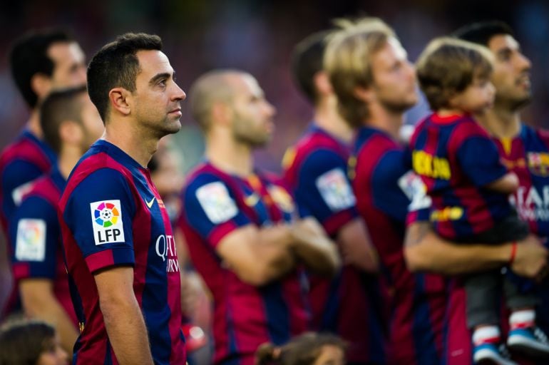 Xavi, durante su despedida en el Camp Nou