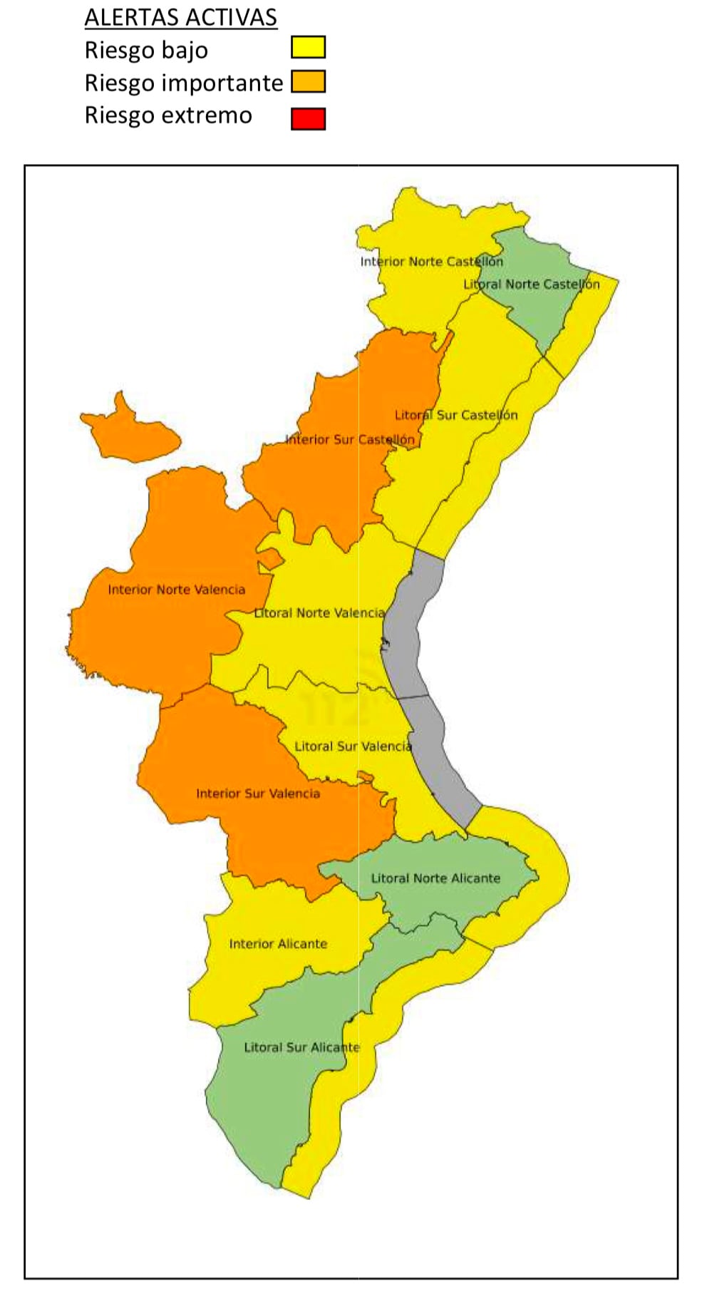 Alertas activas en la Comunitat Valenciana. Fuente: GVA 112 CV