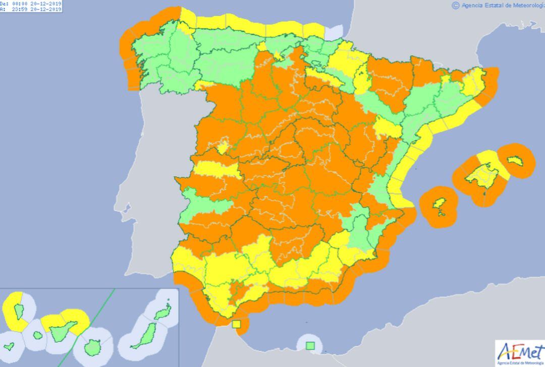 Mapa de alertas de Aemet para el viernes 20 de diciembre 