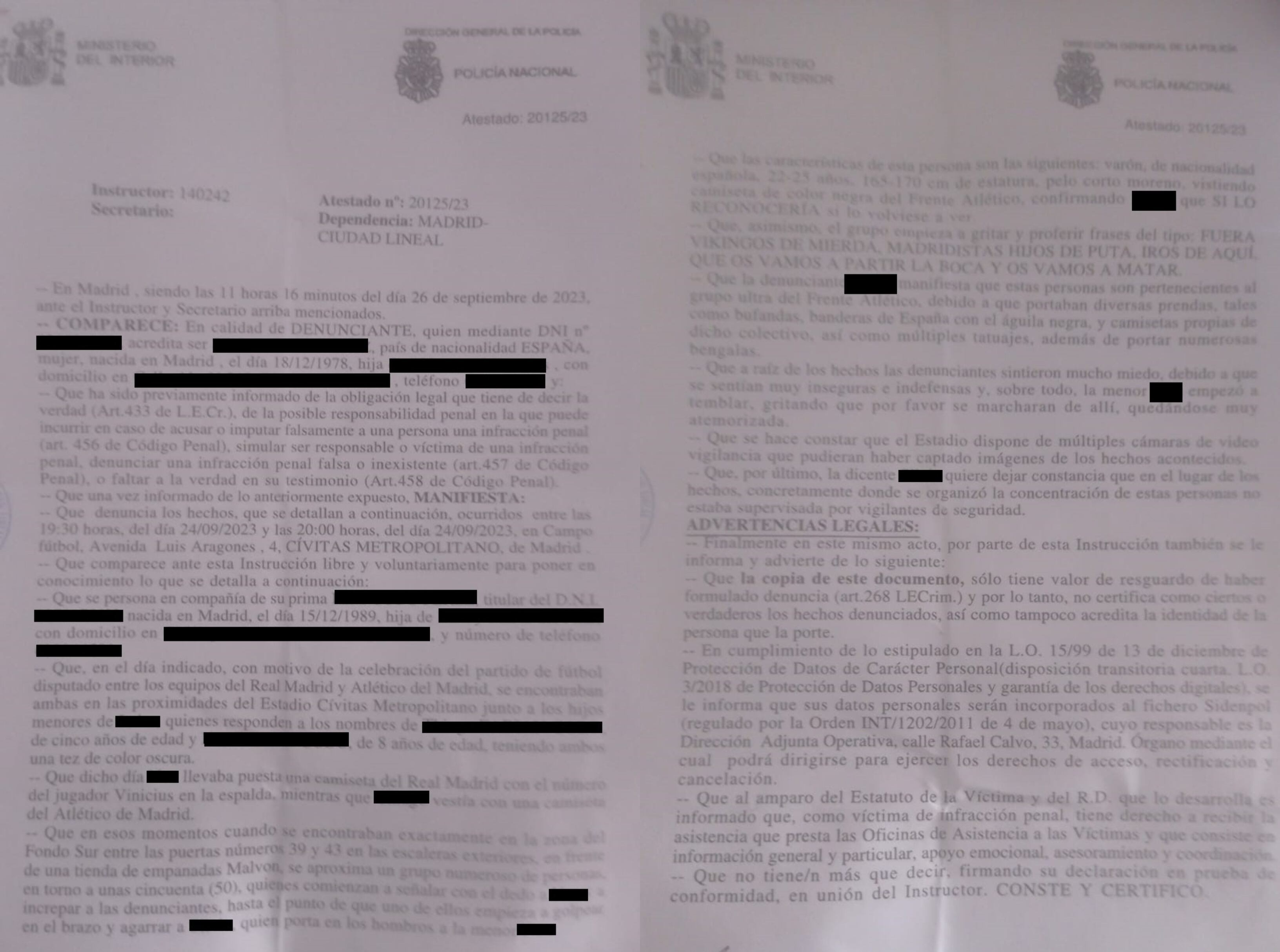 La SER accede a la denuncia de la madre y la tía de le menor que fue intimidada en el derbi por llevar la camiseta de Vinicius (Cadena SER).