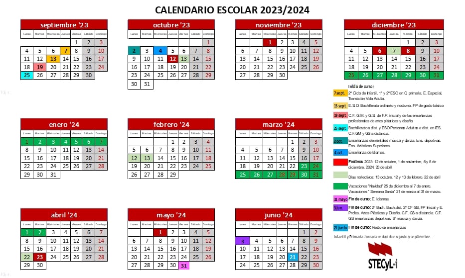 Detalle del calendario escolar para el curso 2023-2024.