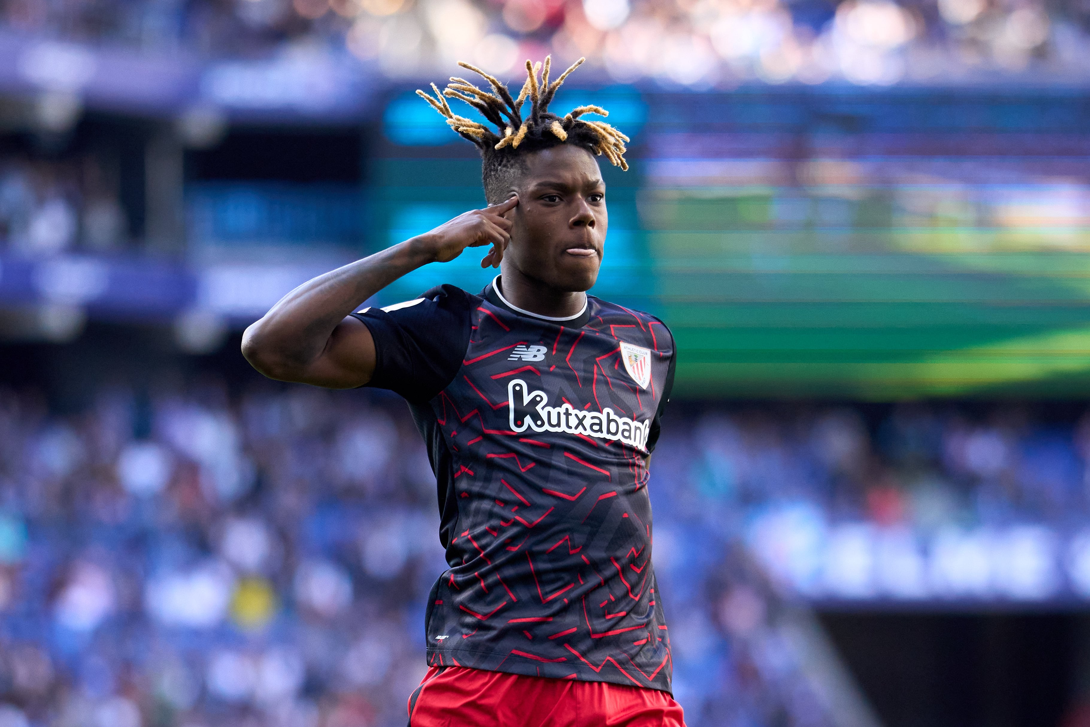 BARCELONA, SPAIN - APRIL 08: Nico Williams Jr of Athletic Club celebrates after scoring his team&#039;s second goal during the LaLiga Santander match between RCD Espanyol and Athletic Club at RCDE Stadium on April 08, 2023 in Barcelona, Spain. (Photo by Alex Caparros/Getty Images)