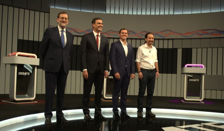 Mariano Rajoy, Pedro Sánchez, Albert Rivera y Pablo Iglesias, minutos antes del debate a cuatro.