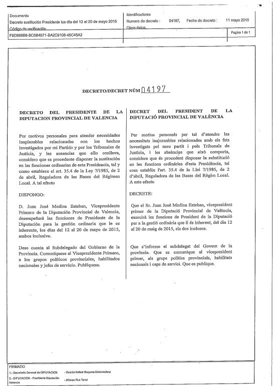 Decreto del presidente de la Diputación, Alfonso Rus, por el que delega funciones en el Vicepresidnete Primero de la institución, Juan José Medina