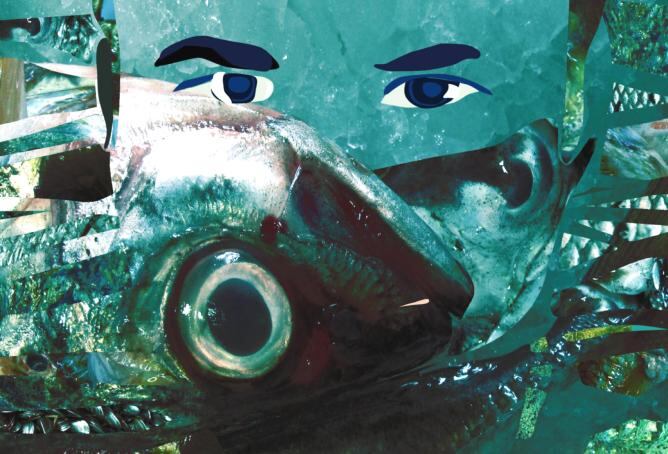 Detalle de uno de los retratos de la muestra retrospectiva 'Diseño & Gastronomía' en el que el rostro del chef Ángel León se mimetiza con un pez.