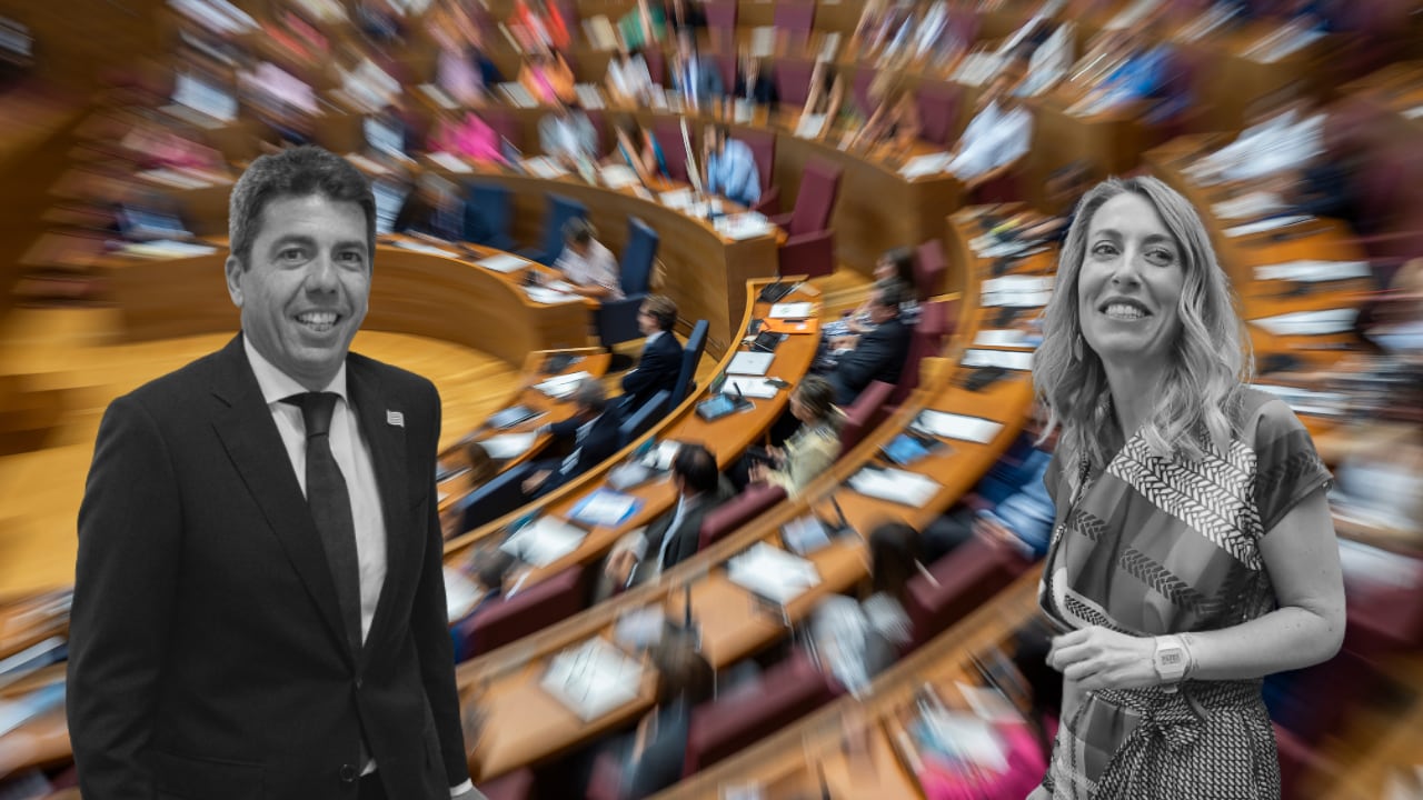 Carlos Mazón y María Guardiola con las Corts Valencianes de fondo