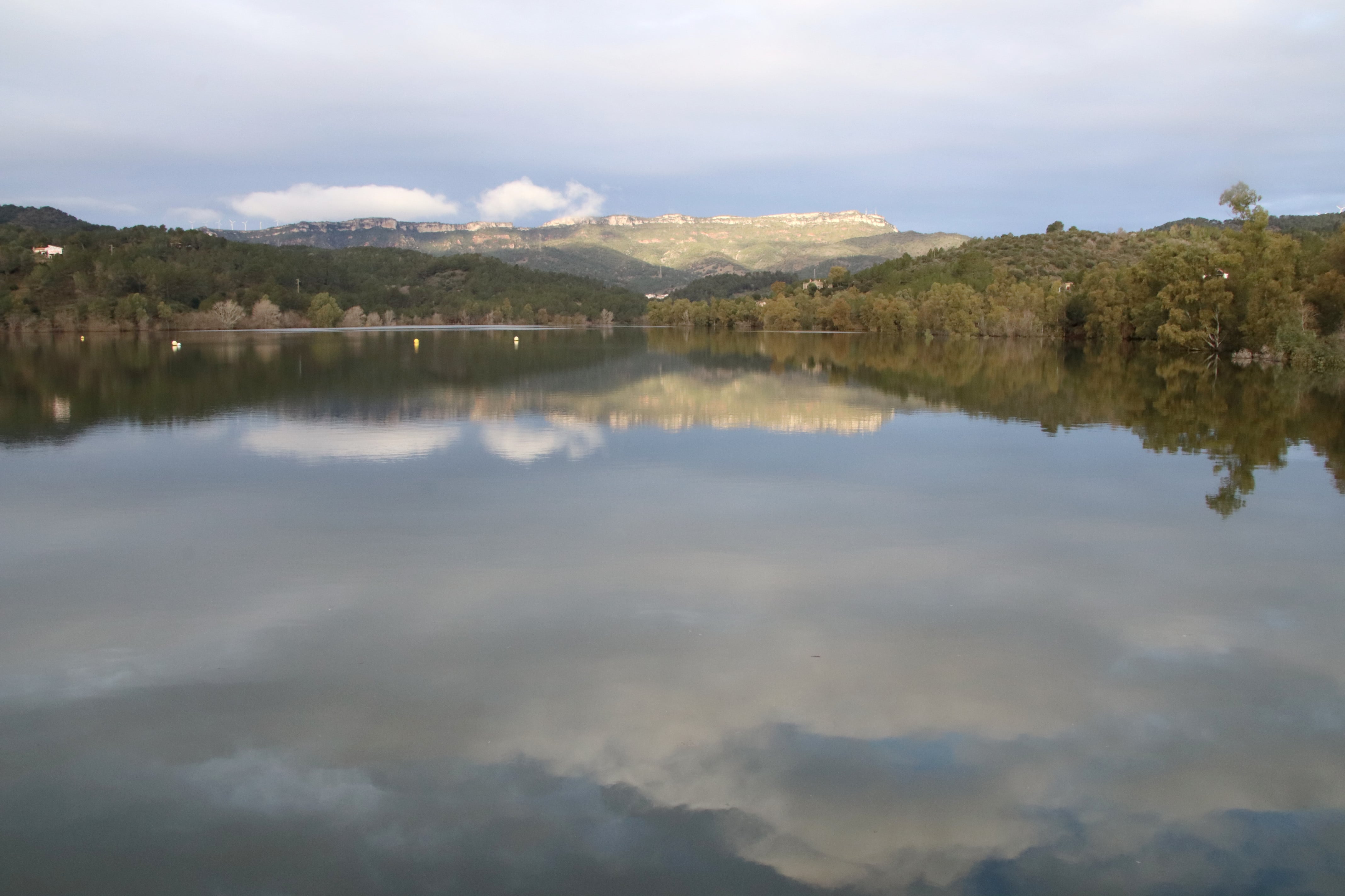 Imatge del pantà de Riudecanyes, al límit de la seva capacitat, aquest dijous