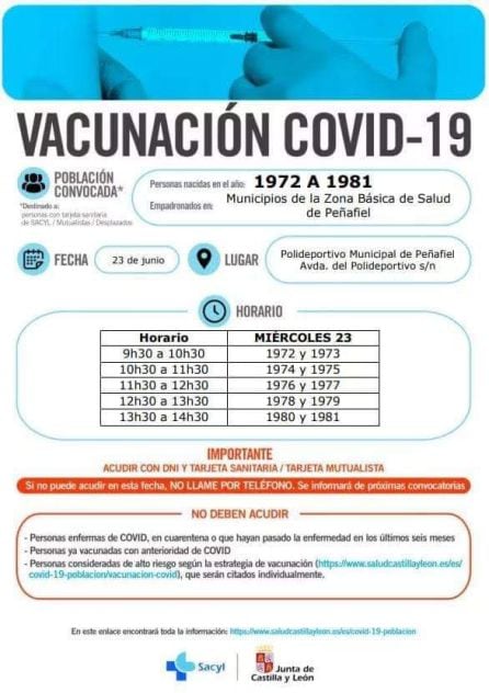 Cartel para la vacunación de los nacidos entre 1972 y 1981 el próximo miércoles 23 de junio en Peñafiel.