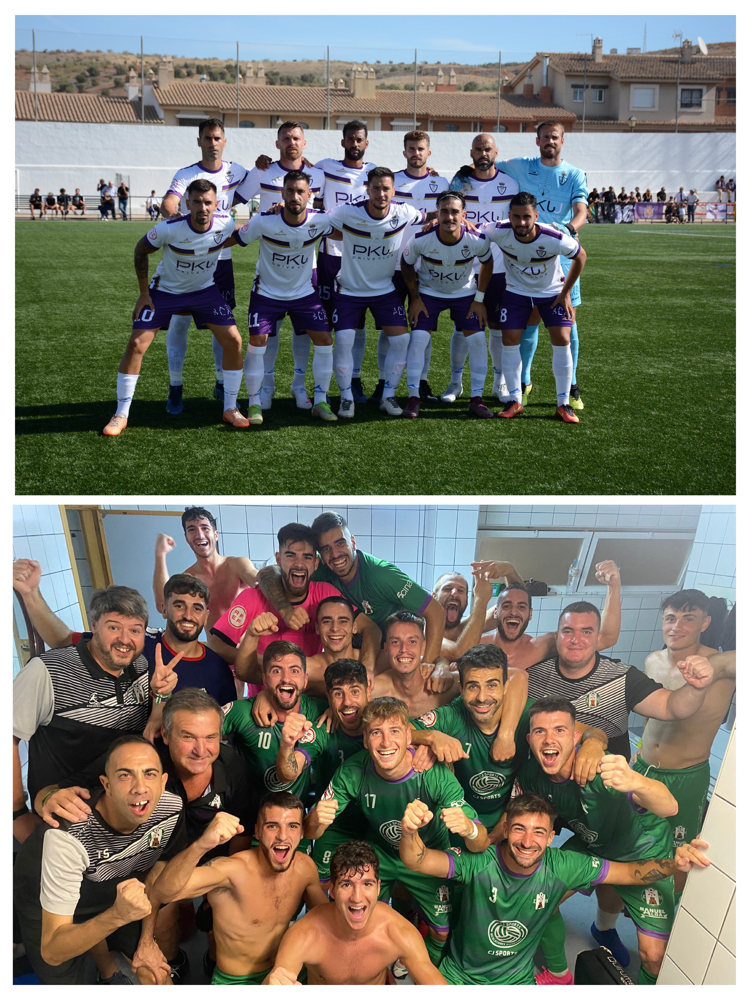 La alegría de los jugadores del At. Mancha Real tras ganar su primer partido de liga y la alineación titular del Real Jaén frente al Huétor Vega