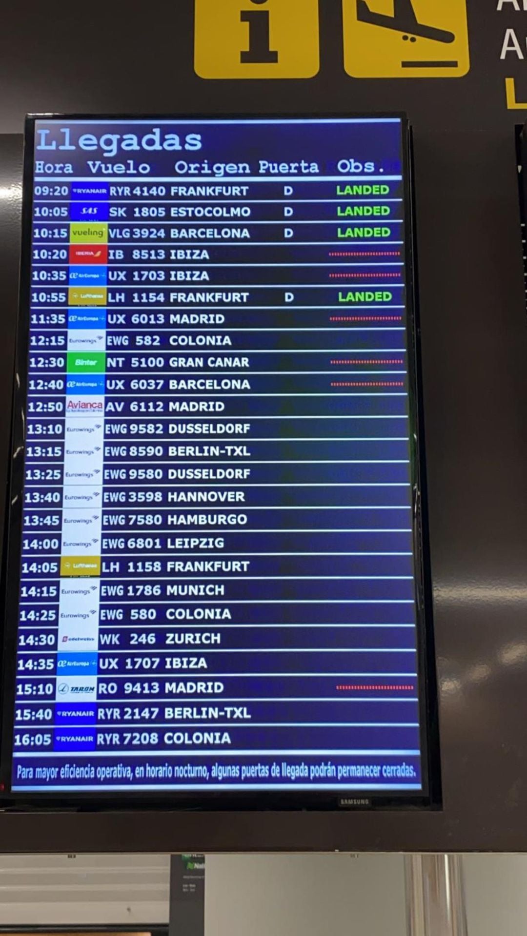 Imagen del panel de llegadas en el aeropuerto de Son Sant Joan del jueves 19 de marzo