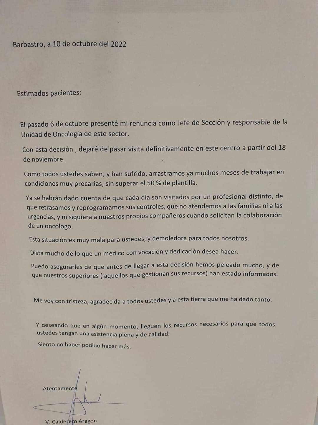 La doctora colocaba esta carta en su consulta del Hospital de Barbastro