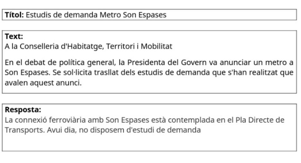 Imagen de la respuesta parlamentaria del Govern sobre los estudios de demanda del metro a Son Espases