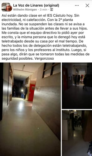 Publicación en redes sociales sobre los efectos del temporal en IES Cástulo de Linares