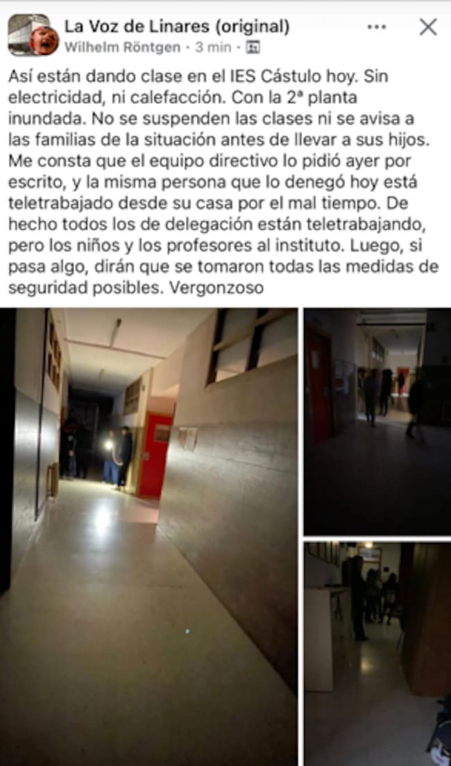 Publicación en redes sociales sobre los efectos del temporal en IES Cástulo de Linares