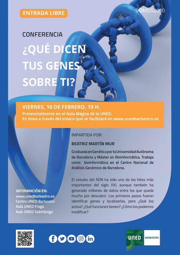 Cartel Conferencia &quot;¿Qué dicen tus genes sobre tí?&quot; en la UNED de Barbastro