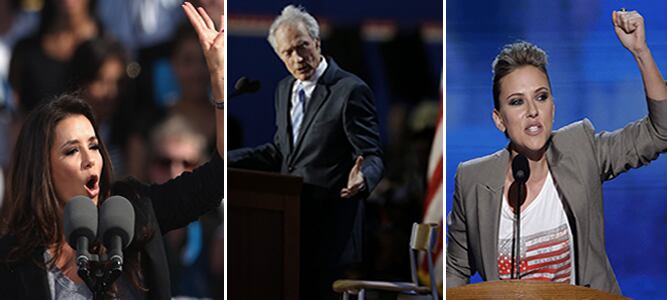 Eva Longoria, Clint Eastwood y Scarlett Johansson en diferentes actos electorales