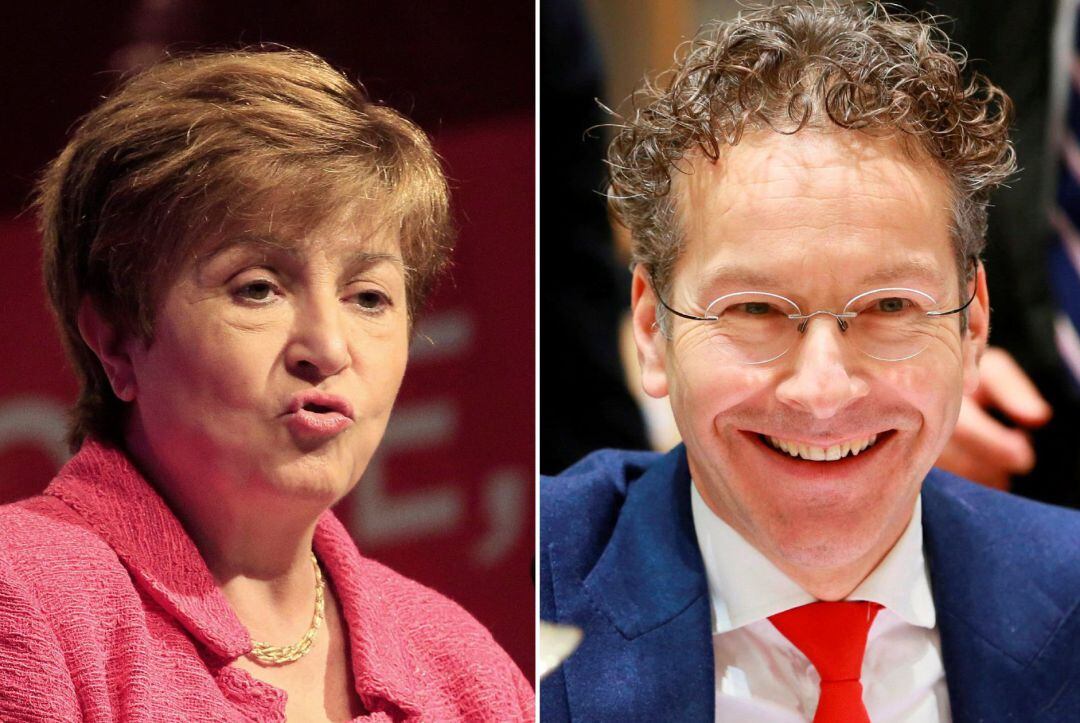 Combo de fotografías del expresidente holandés del Eurogrupo Jeroen Dijsselbloem (d) y la directora ejecutiva del Banco Mundial, la búlgara Kristalina Georgieva, que son los dos únicos candidatos en la segunda ronda de votaciones para elegir un candidato europeo para dirigir el Fondo Monetario Internacional