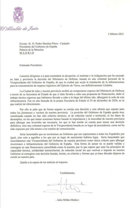 La carta del alcalde de Jaén a Pedro Sánchez