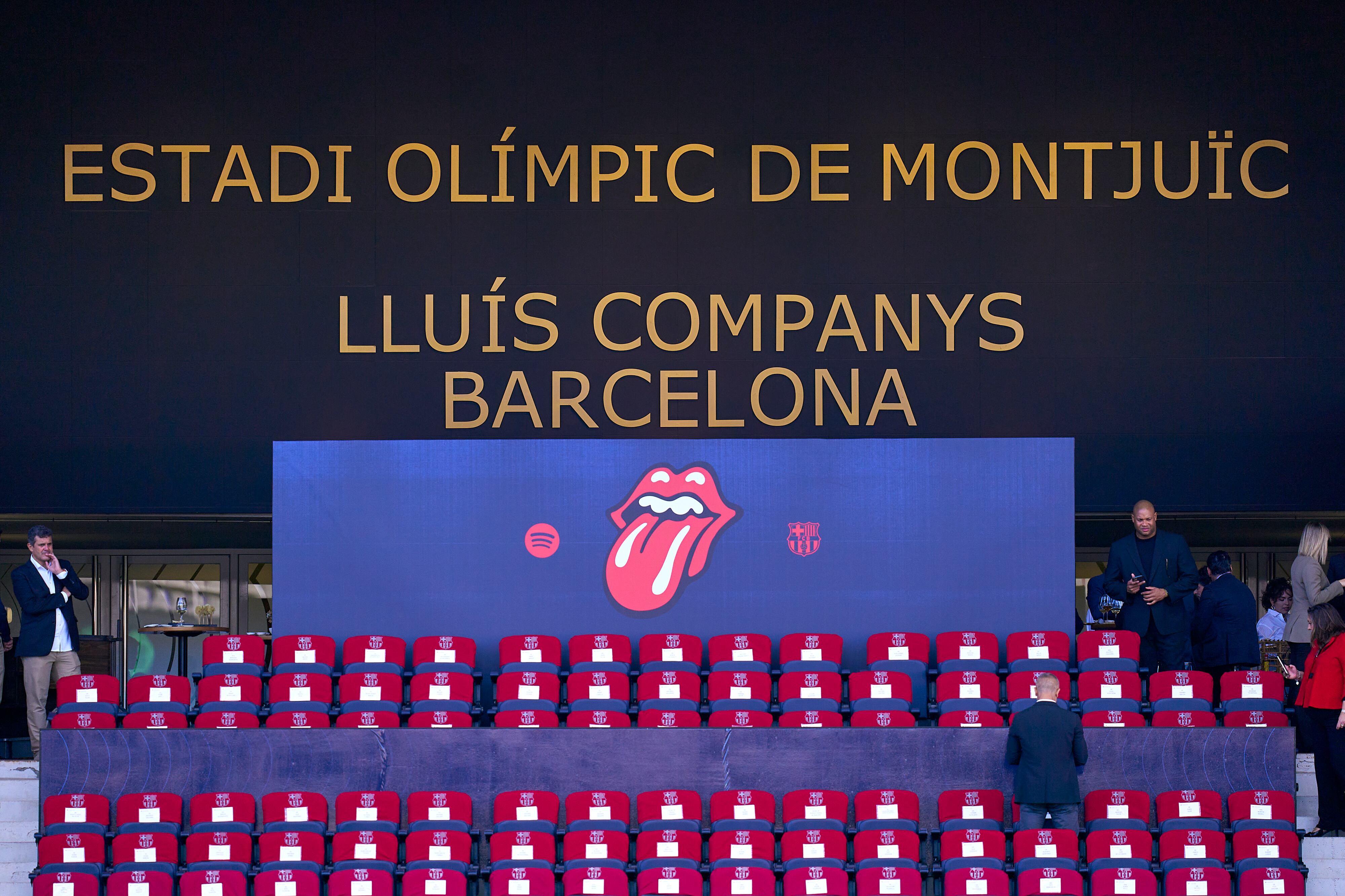 BARCELONA, SPAIN - OCTOBER 28: The logo of The Rolling Stones is seen in the stadium ahead the LaLiga EA Sports match between FC Barcelona and Real Madrid CF at Estadi Olimpic Lluis Companys on October 28, 2023 in Barcelona, Spain. (Photo by Pedro Salado/Quality Sport Images/Getty Images)