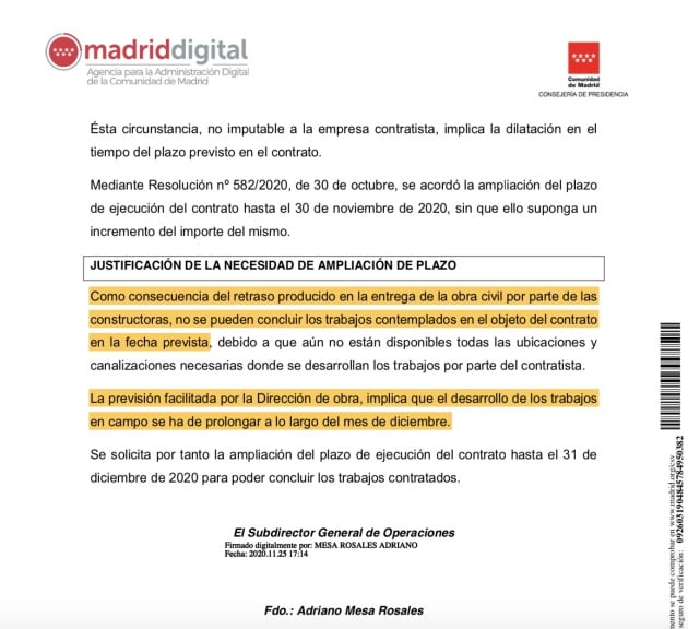 Memoria justificativa de la segunda prórroga de uno de los contratos de Madrid Digital vinculados al Hospital Enfermera Isabel Zendal