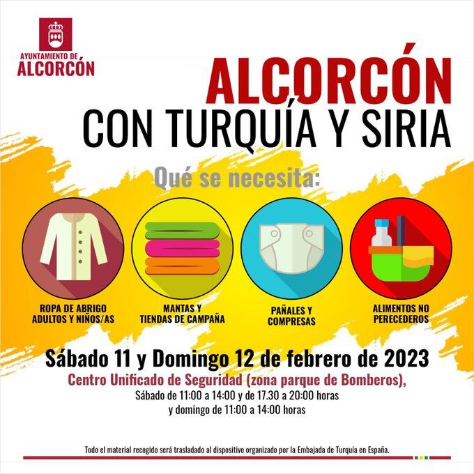 Cartel de la campaña que impulsa el ayuntamiento de Alcorcón para recoger ropa y alimentos para los afectados por el terremoto de Turquía y Siria