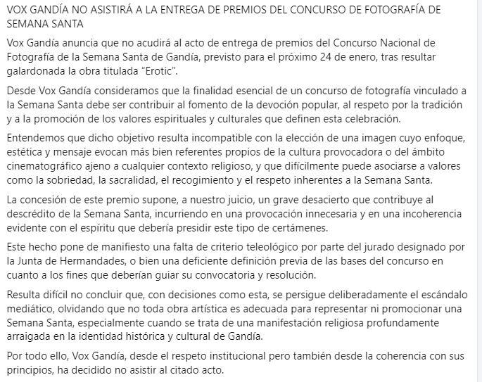 Comunicado publicado por Vox Gandia