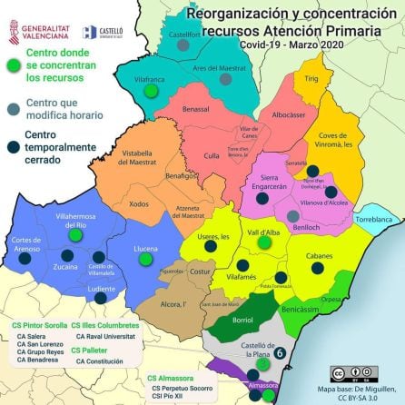 Mapa de centros de atención primeria tras la rerganización y concentración de recursos