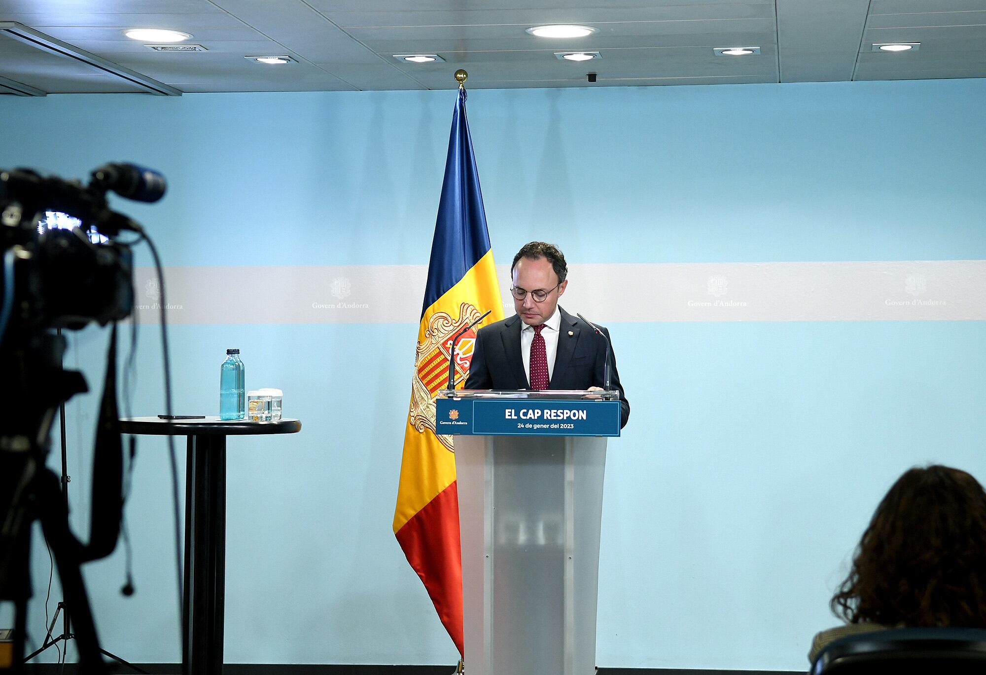 El Cap de Govern, Xavier Espot, durant la intervenció d&#039;ahir a la televisió.