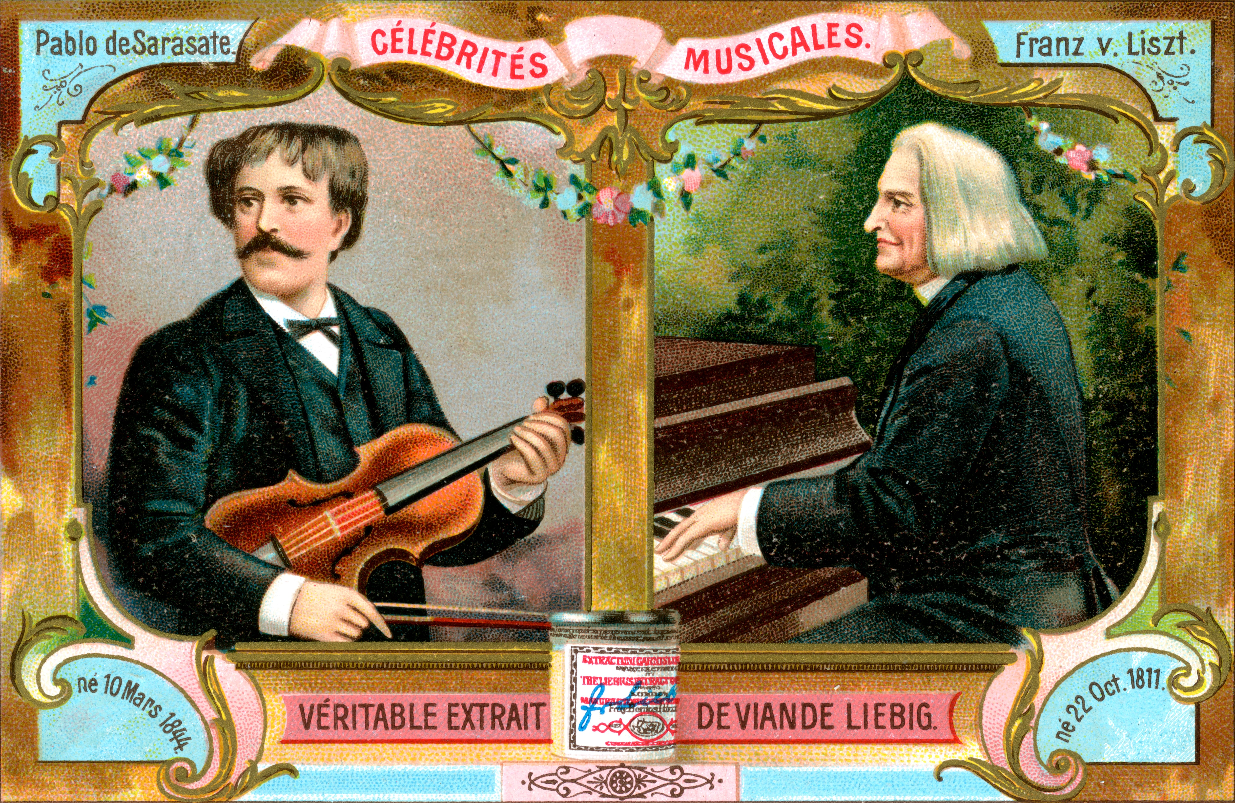 Los músicos Pablo Sarasate (1844-1908) y Franz Liszt (1811-1886) en una publicación francesa. 1990. Getty Images.