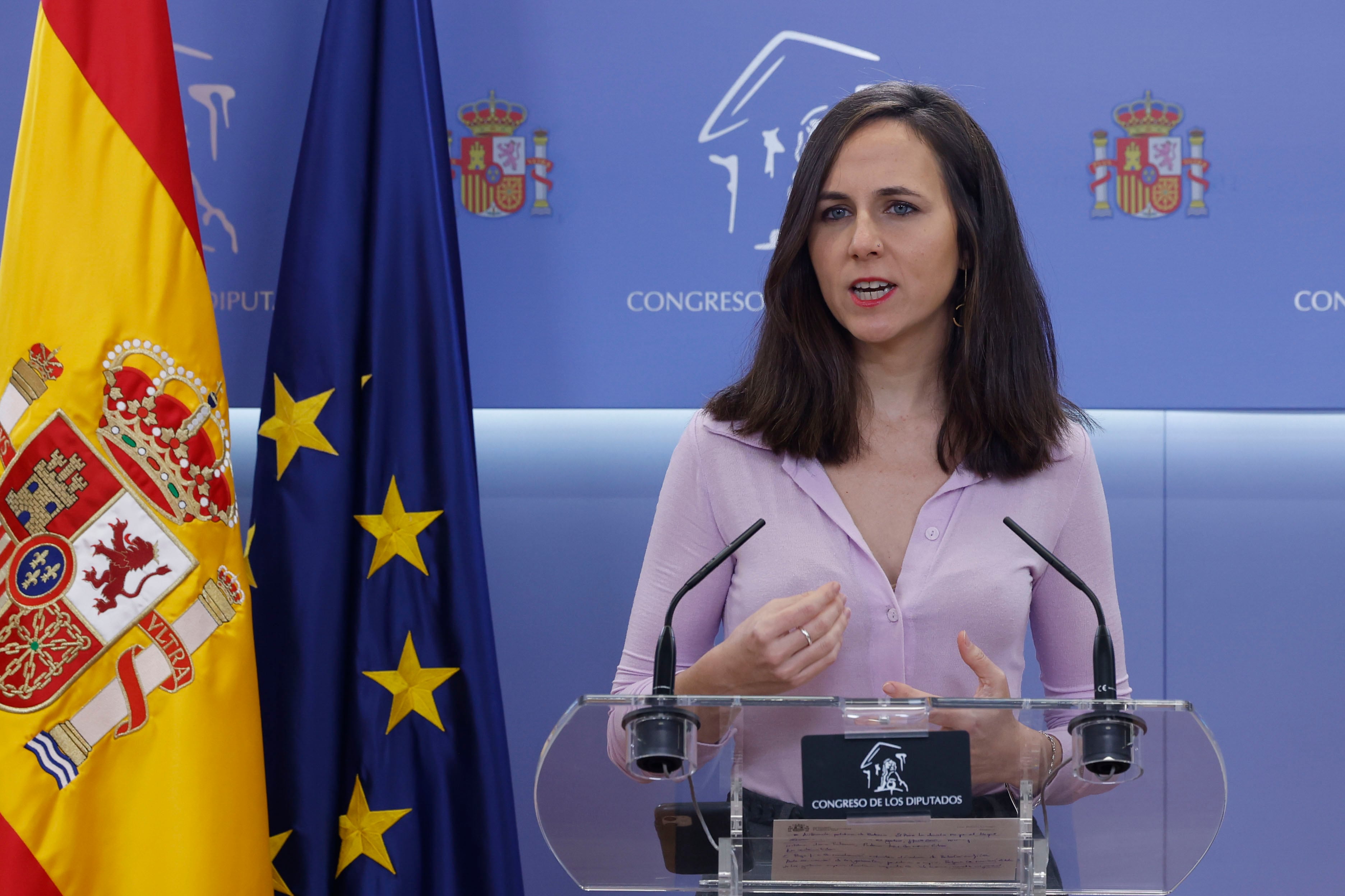 MADRID, 23/11/2023.- La diputada de Podemos Ione Belarra durante la rueda de prensa ofrecida en el marco de la reunión de la Mesa del Congreso, este jueves en el Congreso de los Diputados en Madrid. EFE/ J.J. Guillén
