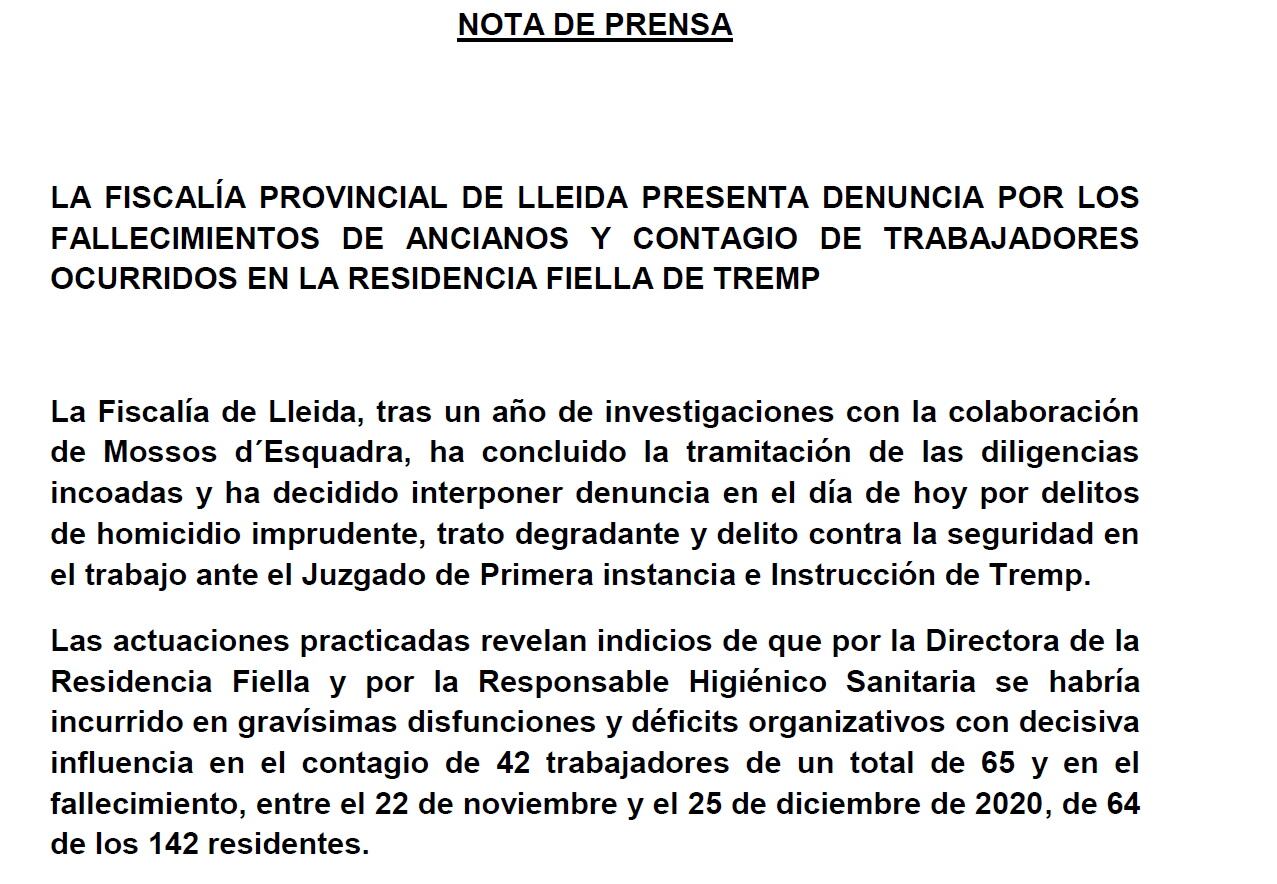 Nota de premsa de Fiscalia