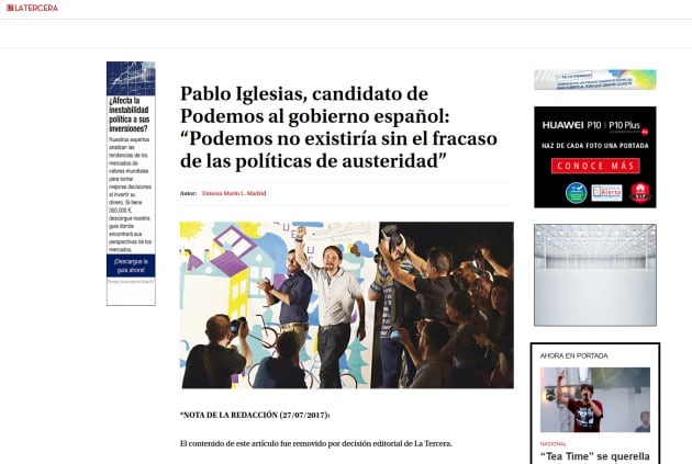 &quot;El contenido de este artículo fue removido por decisión editorial de La Tercera&quot;.