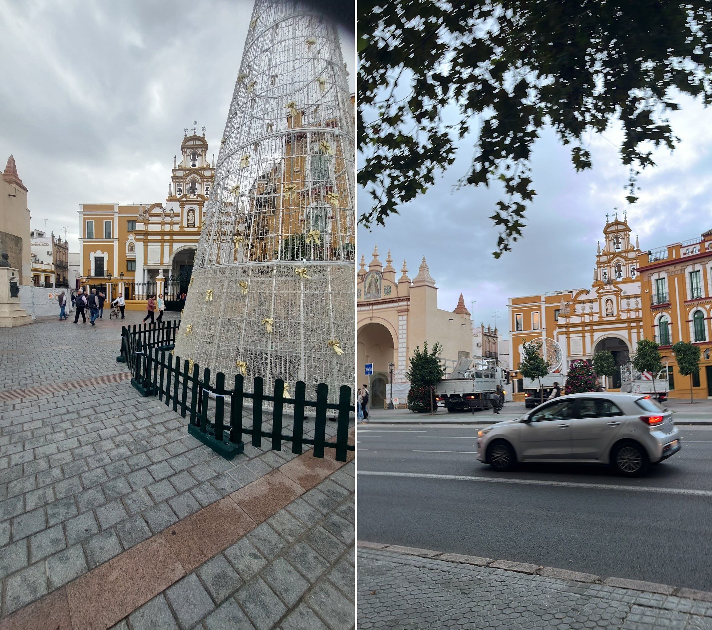 Antes y después del árbol navideño lumínico instalado a las puertas de la Basílica de la Macarena