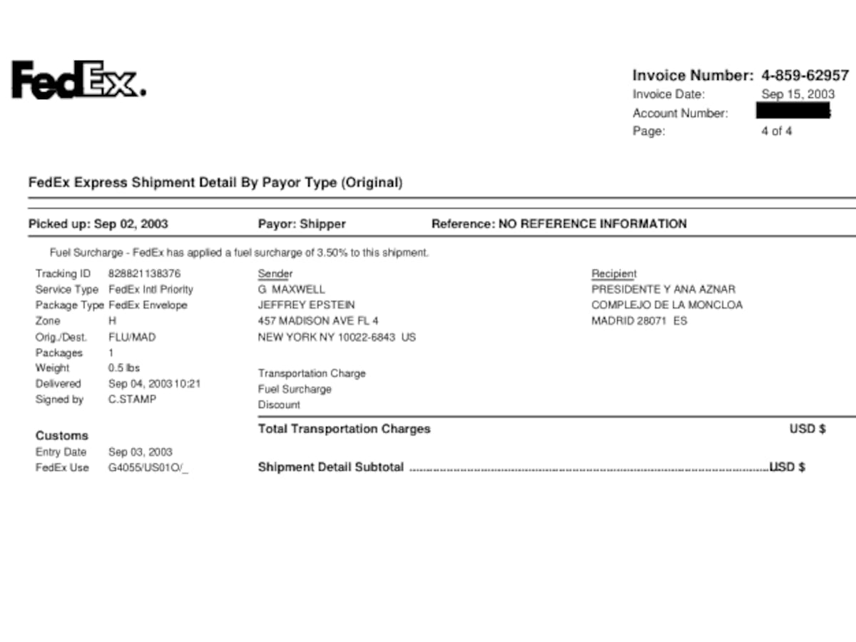 Los archivos desclasificados del 'caso Epstein' incluyen recibos de envíos a José María Aznar