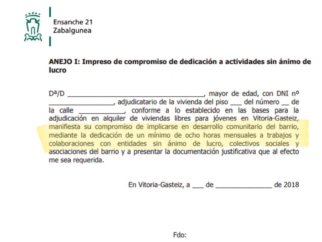 Impreso que tendrán que firmar los inquilinos que consigan un piso en alquiler en el sorteo del Ayuntamiento de Vitoria