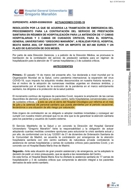 Resolución por la que se ordena tramitar de emergencia el contrato con el Hospital Beata María Ana y en la que figura como uno de los motivos la falta de personal